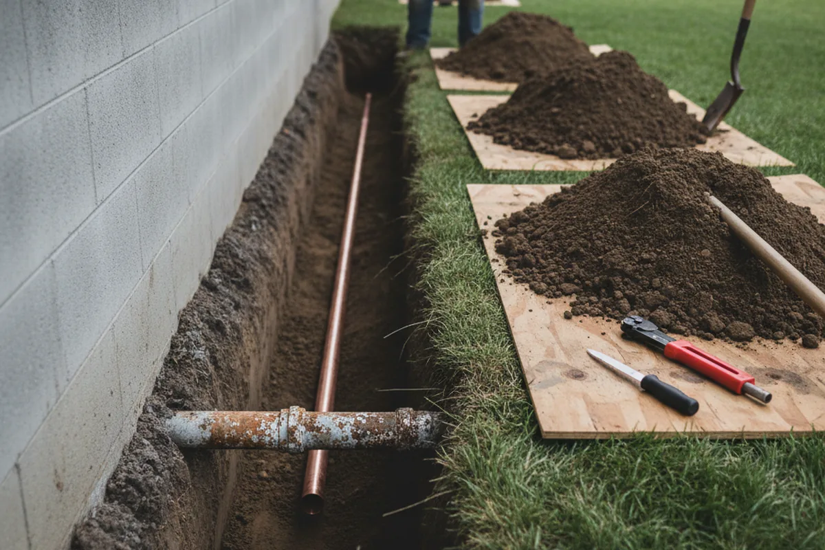 Excavated water line trench during Water Softener Installation in San Juan Bautista
